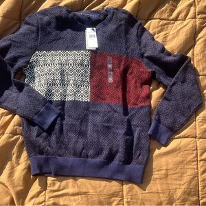 Tommy Hilfiger Navy Crewneck Sweater with White & Red Pattern Panels Size xl